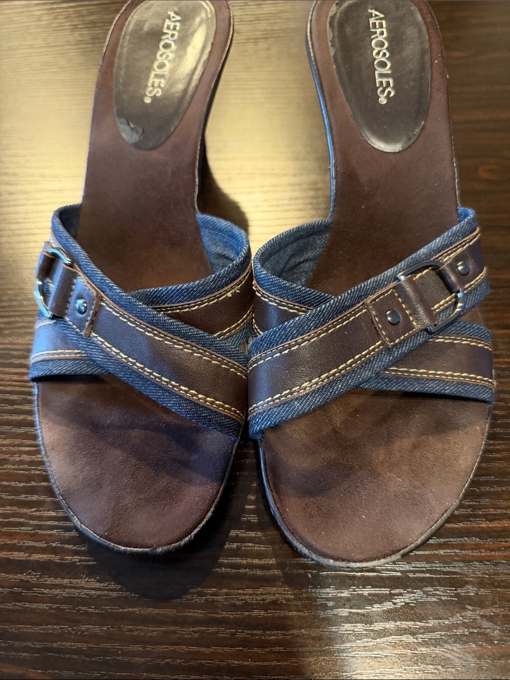 AEROSOLES Brown Leather & Blue Denim Crossband Slide Mules